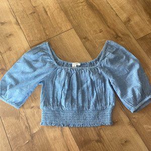 American Eagle Denim Smocked Crop Top Puff Sleeves